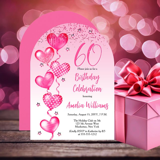 Elegante Rosa Herzblasen 60. Geburtstagsparty Einladung (Elegant Pink Heart Balloons 60th Birthday Party Arched Invitation)