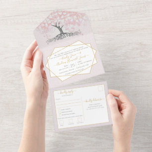 Elegante Rosa Herzblatt-Baum-Hochzeit All In One Einladung