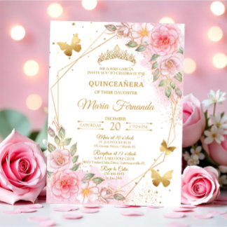 Elegante Rosa-Hochzeit und goldene Quinceañera-Geb Einladung