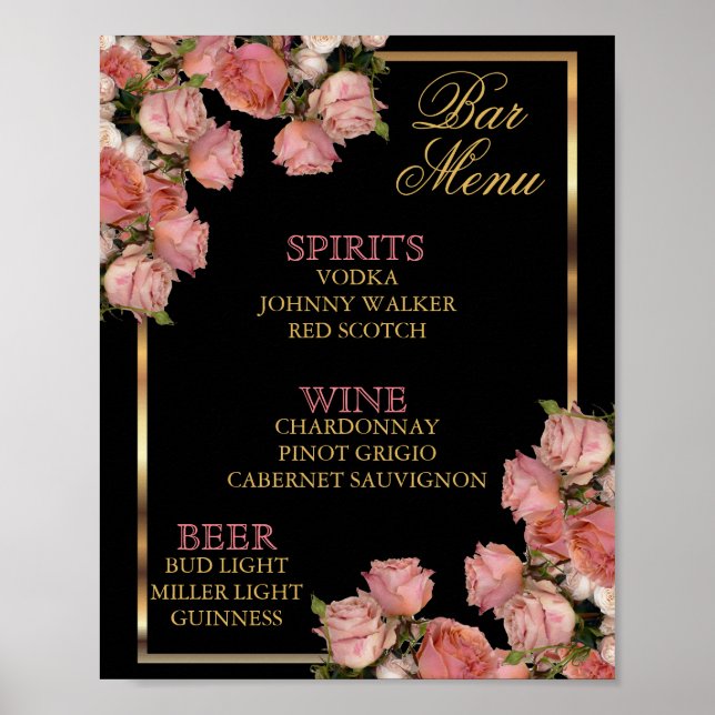 Elegante rosa Hochzeiten - Bar Menu Poster (Vorne)