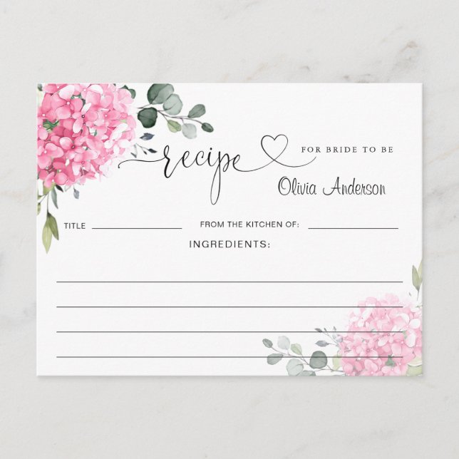 Elegante Rosa Hydrangea Brautparty Rezept Card Postkarte (Vorderseite)