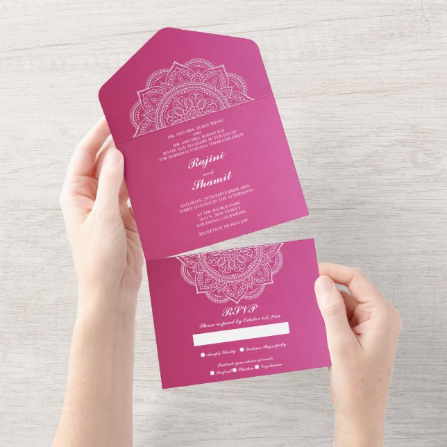 Elegante rosa indische Hochzeit (kein Env erforder All In One Einladung (Abreißen)