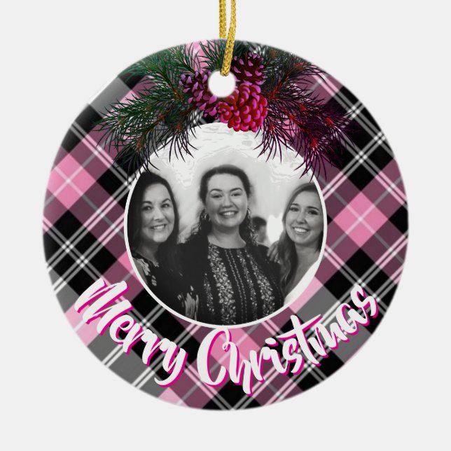 Elegante rosa karierte Pineconfoto-Vorlage Keramik Ornament (Vorne)