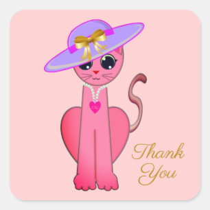 Elegante rosa Kätzchenkatze auf Korallenrosa Danke Quadratischer Aufkleber