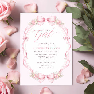 Elegante Rosa Kokette Schleife Florale Babyparty Einladung