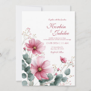 Elegante rosa Kosmos Eukalyptus Aquarell Einladung