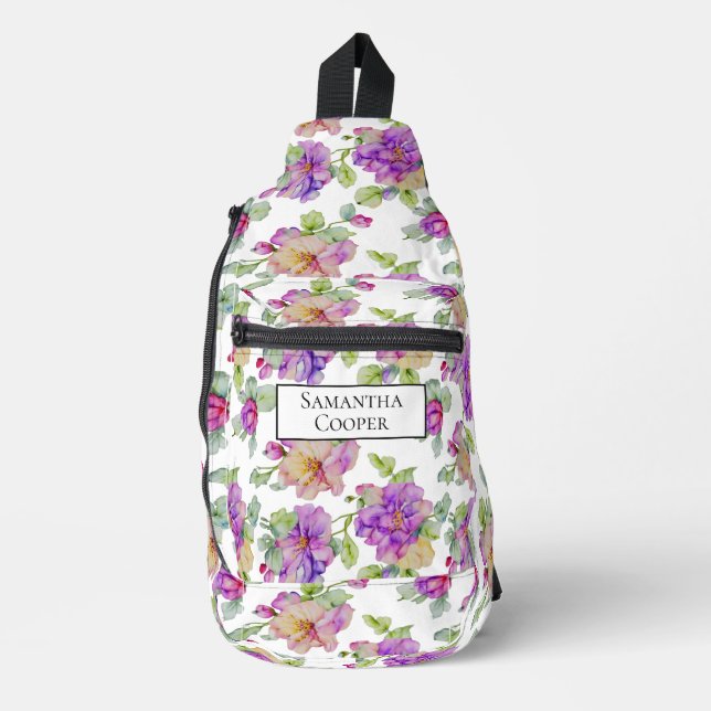 Elegante, rosa lila Aquarellblüte personalisieren Crossbody Bag (Vorderseite)