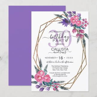 Elegante rosa Lila Aquarellfarben Blume Geburtstag Einladung