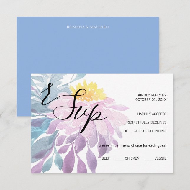 Elegante Rosa Lila Blau Dahlia RSVP Karte (Vorne/Hinten)