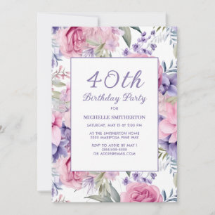 Elegante rosa lila Blumen 40. Geburtstag Einladung