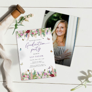 Elegante rosa Lila Blumen-Foto-Graduierungsparty Einladung