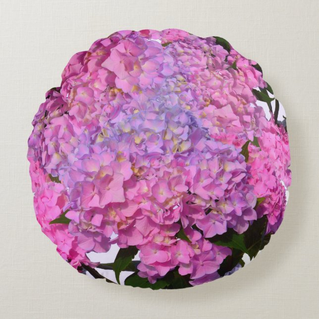 Elegante, rosa, lila Blumendörfchen Hydrangeas Rundes Kissen (Vorderseite)
