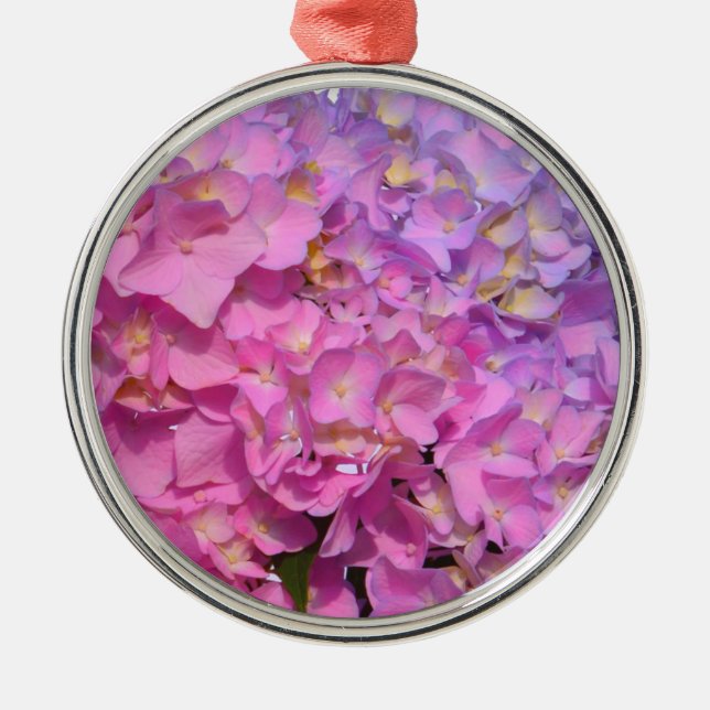 Elegante, rosa, lila, blumenreiche Hydrangeas Silbernes Ornament (Vorne)