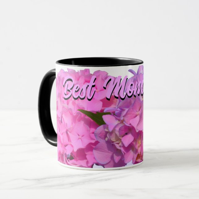 Elegante, rosa, lila, blumenreiche Hydrangeas Tasse (Vorderseite Links)