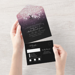 Elegante, rosa Lila Heart Leaf Tree Wedding All In One Einladung