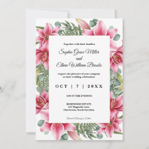 Elegante rosa Lilien-Blumen-Eukalyptus-Hochzeit Einladung