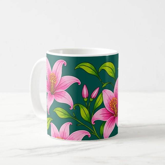Elegante rosa Lilienblume mit grünem Laub Kaffeetasse (Vorderseite Links)