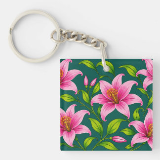 Elegante rosa Lilienblume mit grünem Laub Schlüsselanhänger