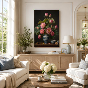Elegante rosa Lotus-Ölgemälde in einer blauen Vase Poster