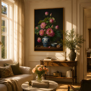 Elegante rosa Lotus-Ölgemälde in einer blauen Vase Poster