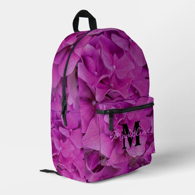Elegante rosa Magenta florale Monogramm-Kalligraph Bedruckter Rucksack (Rückseitige Ecke links)