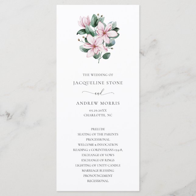Elegante Rosa Magnolia Eukalyptus Floral Wedding Programm (Vorderseite)