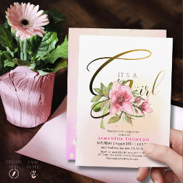 Elegante rosa Magnolie Gold Schrift It's a Girl Ba Einladung