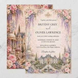 Elegante rosa Märchen-Schloss-Hochzeit Einladung