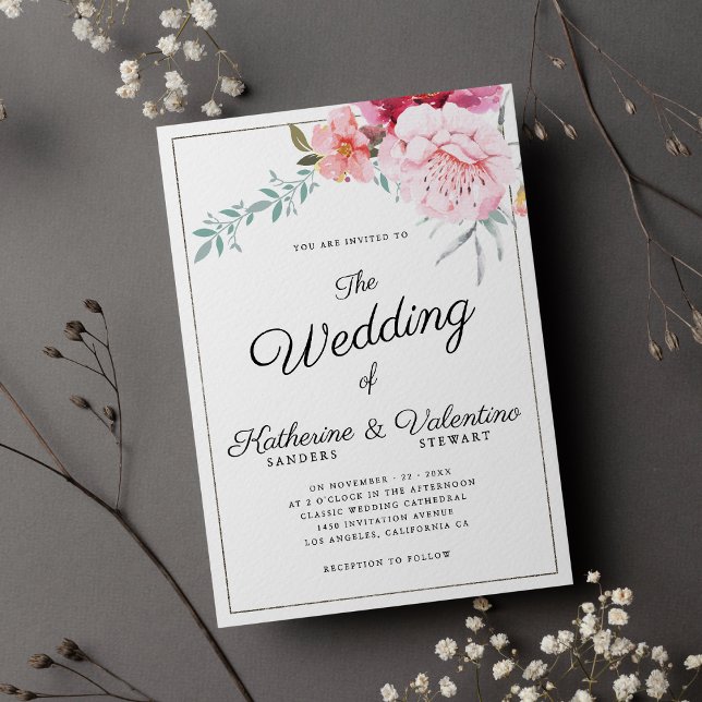 Elegante rosa Minze formale Drehbuch Blumenhochzei Einladung (Elegant pink mint formal script floral wedding)