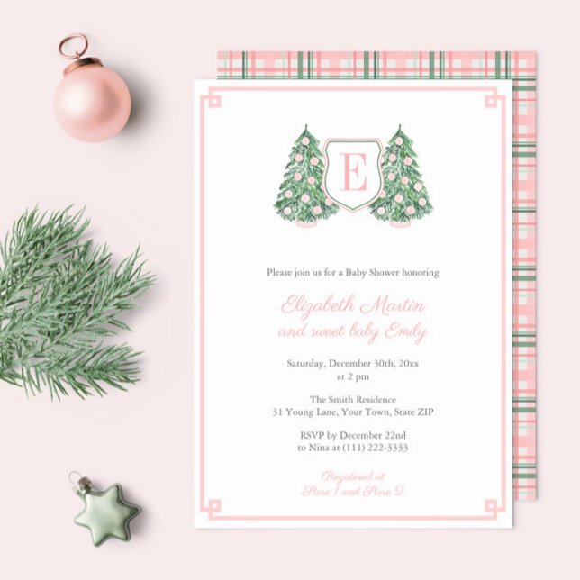 Elegante Rosa Monogram Christmas Baby Girl Duwer Einladung (Elegant Pink Green Chinoiserie Christmas Monogram Baby Shower Invitations to welcome a little girl)