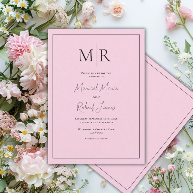 Elegante rosa Monogramm moderne Hochzeit Einladung (Von Creator hochgeladen)