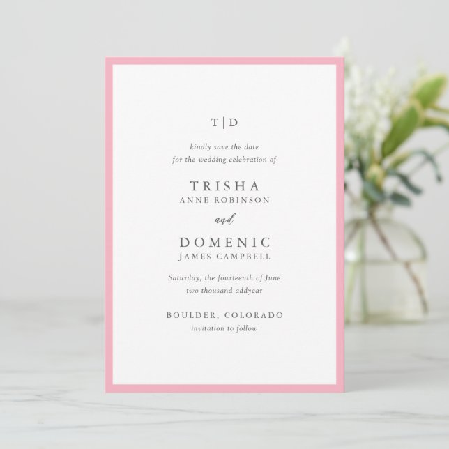Elegante rosa Monogramm Moderne Hochzeit Save The Date (Stehend Vorderseite)