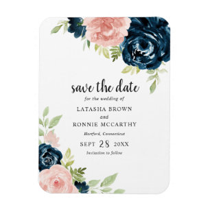 Elegante Rosa Navy Blau Florale Save The Date Magnet