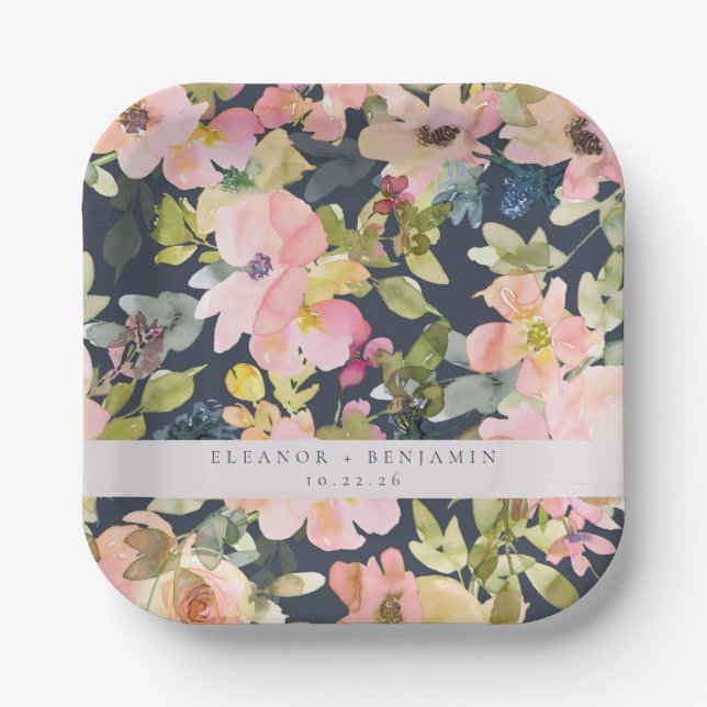 Elegante rosa Navy Wasserfarben Gewohnte Hochzeit Pappteller (Vorderseite)