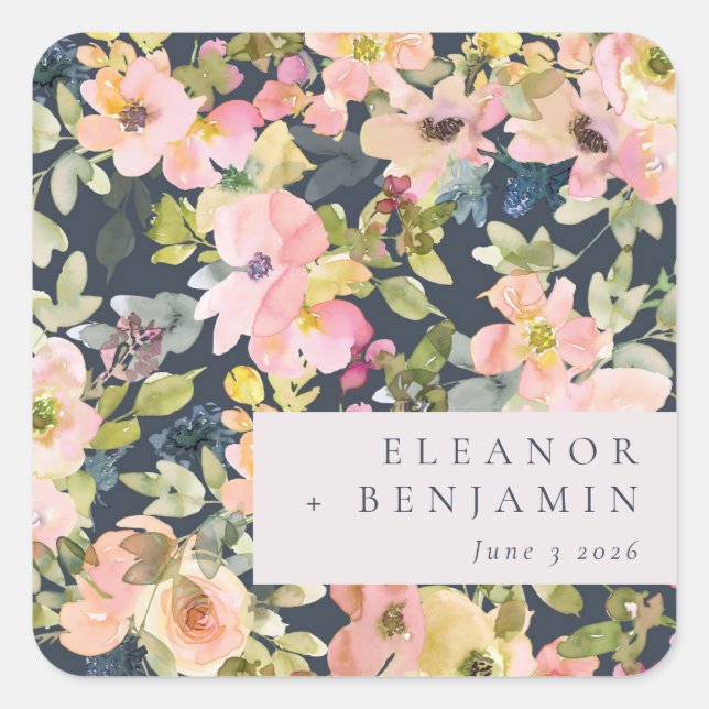 Elegante rosa Navy Wasserfarben Gewohnte Hochzeit Quadratischer Aufkleber (Vorderseite)