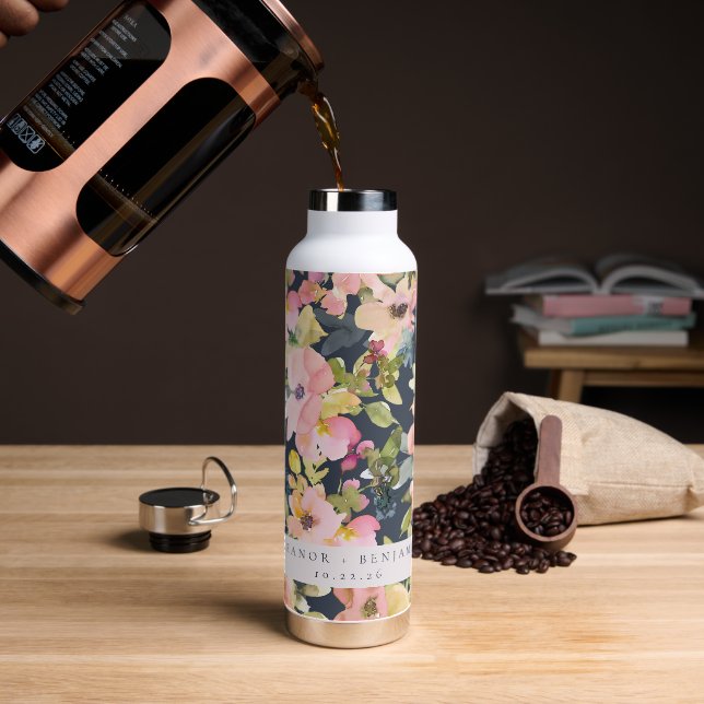 Elegante rosa Navy Wasserfarben Gewohnte Hochzeit Trinkflasche (Kaffee)