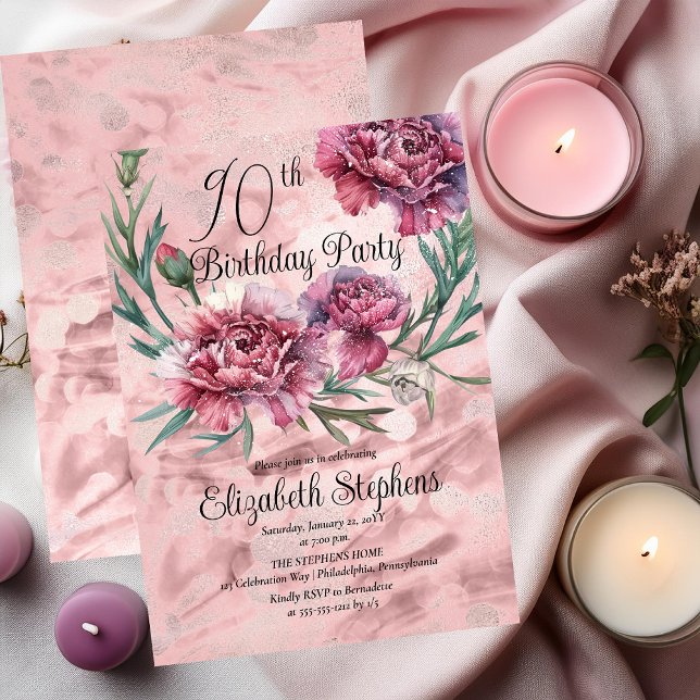 Elegante rosa Nelken 90. Geburtstagsparty Einladung (Elegant Pink and Mauve Carnations 90th Birthday Party Invitation)