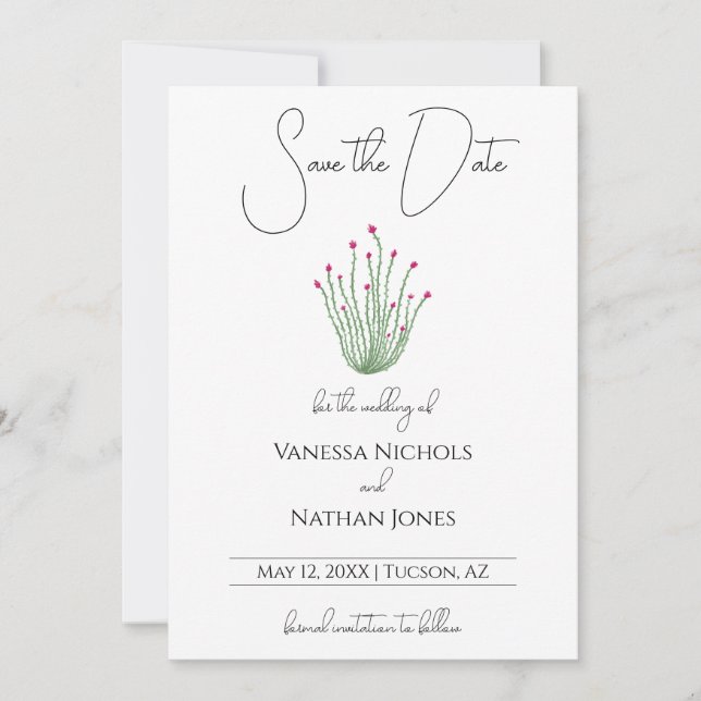Elegante rosa Ocotillo Cactus Save the Date Card (Vorderseite)