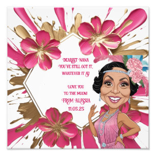 Elegante Rosa Oma Karikatur mit Gold Spritzer Fotodruck