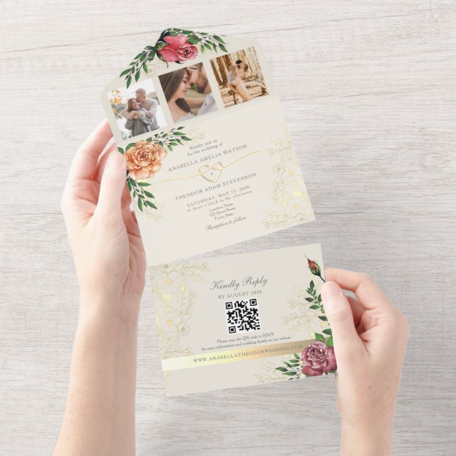 Elegante Rosa Orange Blumenhochzeit All In One Einladung (Abreißen)