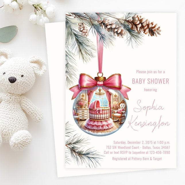 Elegante Rosa Ornament Weihnachtsdusche Einladung (Girl Christmas tree ornament baby shower invitation with glass ornament with pink nursery scene. )
