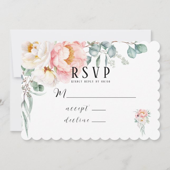 Elegante rosa Peonies Eukalyptus RSVP Cards Einladung (Vorderseite)