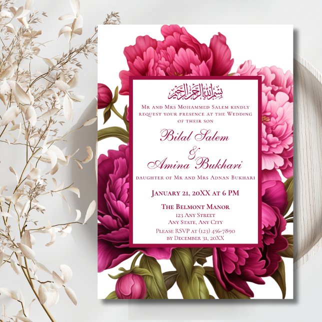 Elegante rosa Peonies Floral Islamische Hochzeit Einladung (Von Creator hochgeladen)