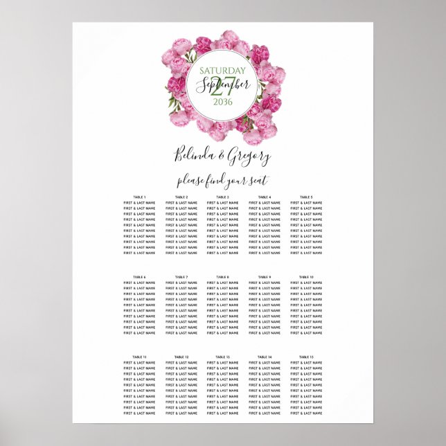 Elegante rosa Peonies Hochzeitstabelle Poster (Vorne)