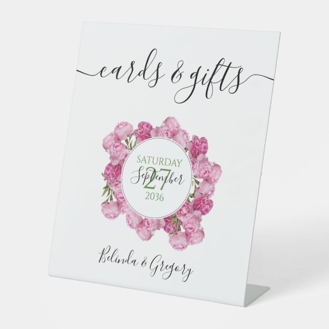 Elegante rosa Peonies Wedding Cards & Gifts Sockelschild (Vorderseite)
