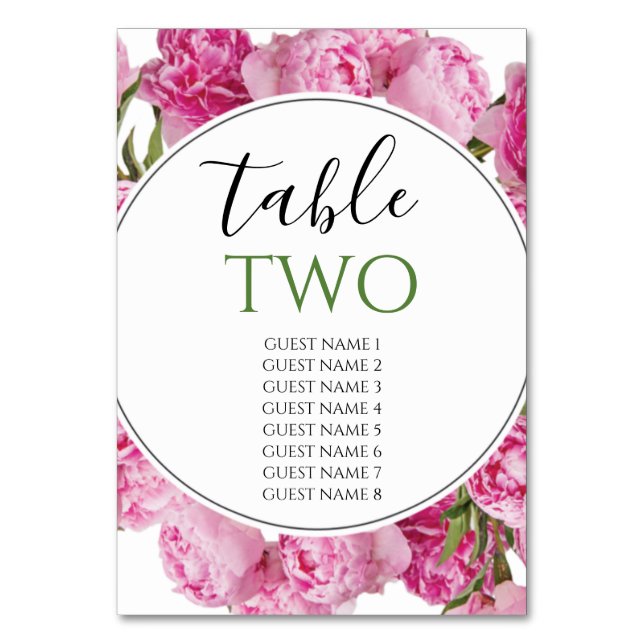 Elegante rosa Peonies Wedding Guest Names Tischnummer (Vorderseite)