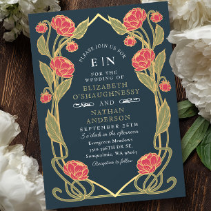 Elegante Rosa Peony Art Nouveau Floral Blue Weddin Einladung