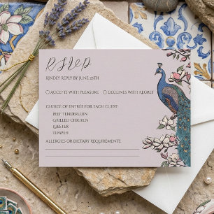 Elegante rosa Pfauen-Antwortkarte RSVP Karte