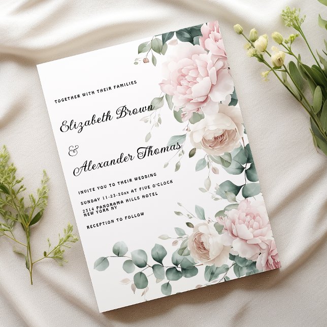 Elegante Rosa Pfefferminzente Einladung (Elegant pink mint eucalyptus peony floral Wedding)