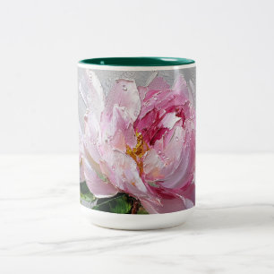 Elegante rosa Pfingstrose Dicke Impasto-Ölgemälde Zweifarbige Tasse
